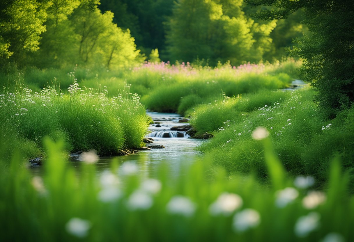 Lush greenery, vibrant wildflowers, and flowing streams in a Missouri spring landscape. Sunshine illuminates the natural beauty as birds chirp in the background