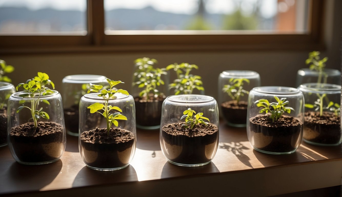 Seeds are placed in small pots filled with soil, positioned near a sunny window. A clear plastic cover is placed over the pots to create a warm, humid environment for germination