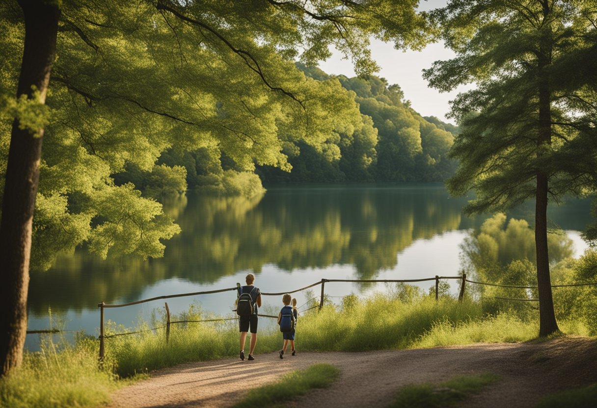Families hiking through a lush forest, picnicking by a tranquil lake, and exploring a charming small town in Missouri
