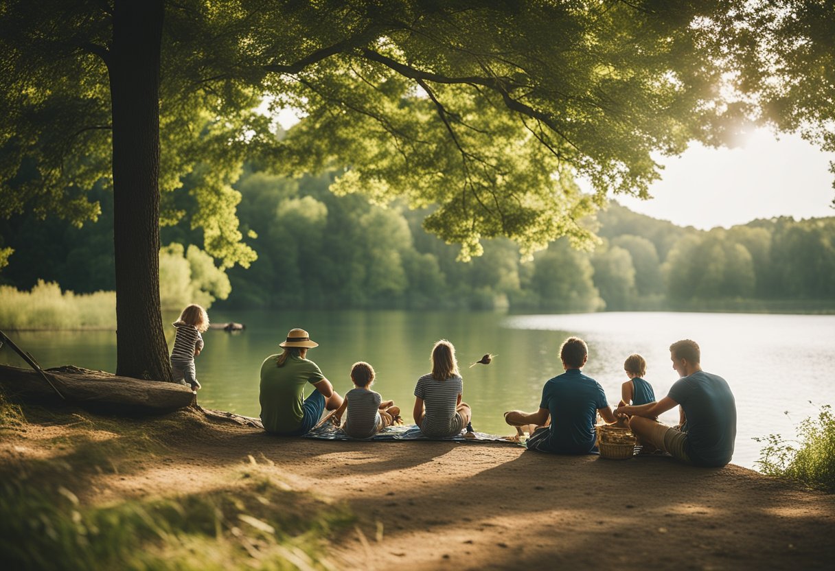 Families enjoying outdoor activities in Missouri: hiking, fishing, and picnicking by a serene lake surrounded by lush greenery