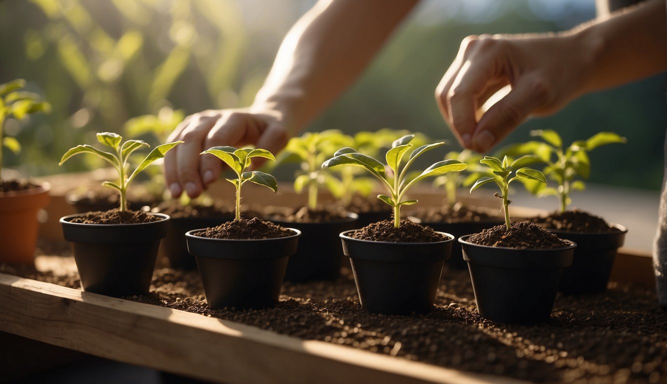 Seeds are being planted in small pots indoors. A person is carefully placing the seeds into the soil, while a warm light shines down on the process
