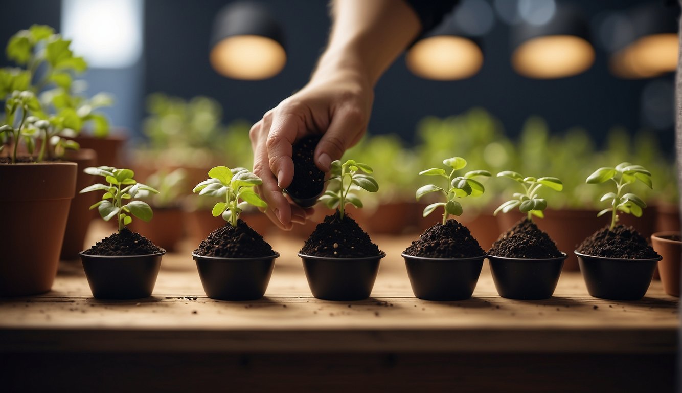A hand pours soil into small pots. Seeds are planted and watered. Grow lights hang above the seedlings