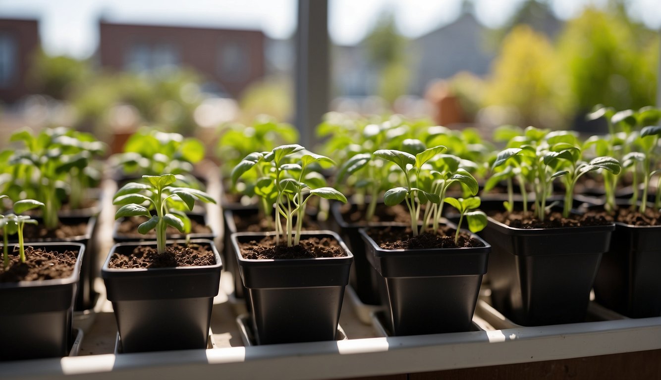 Seedlings sit on a windowsill, acclimating to outdoor temperatures before being transplanted into the garden. Pots, soil, and gardening tools are nearby