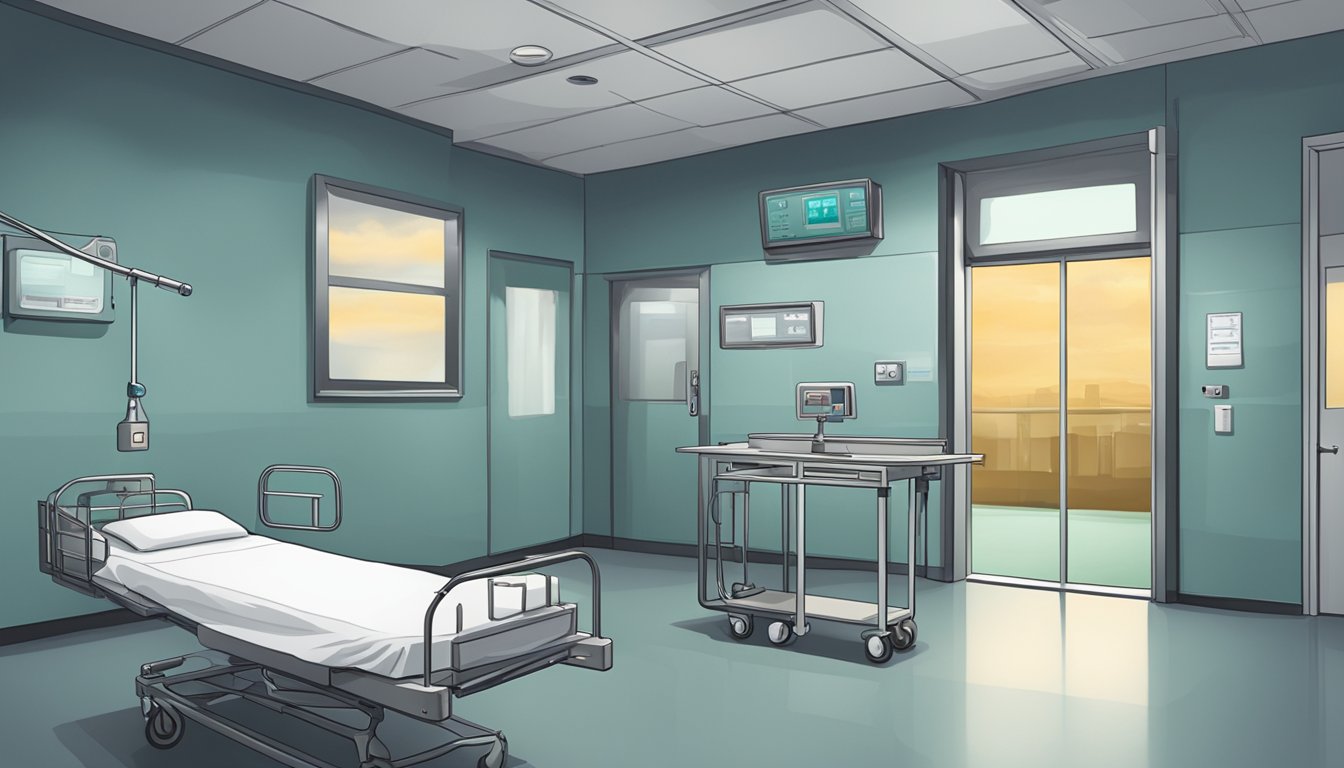 A sterile hospital room with medical equipment and a window showing a gloomy sky. A sign on the door reads "Isolation Precautions"