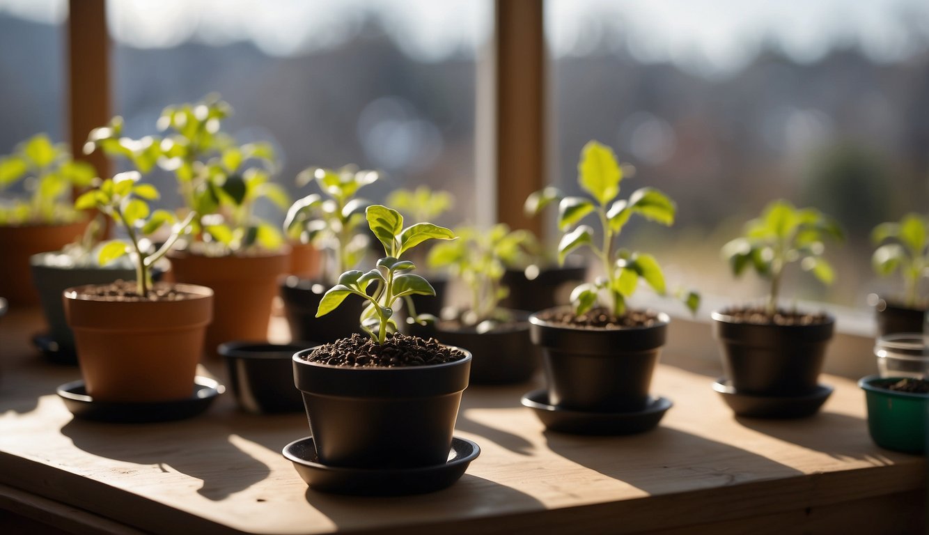 Seeds are being planted in small pots indoors during the winter months. The pots are placed on a sunny windowsill, with a watering can nearby