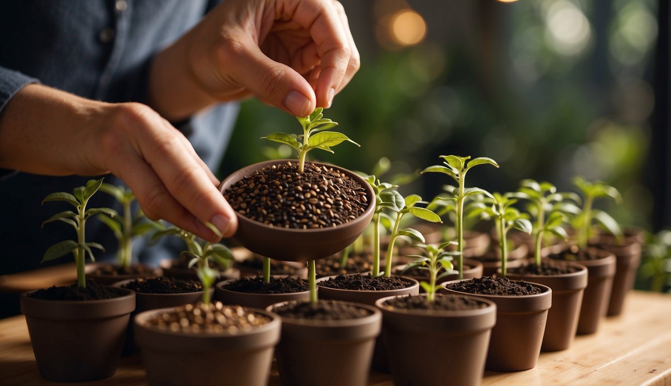 Seeds being carefully placed into small pots filled with soil under a warm indoor light