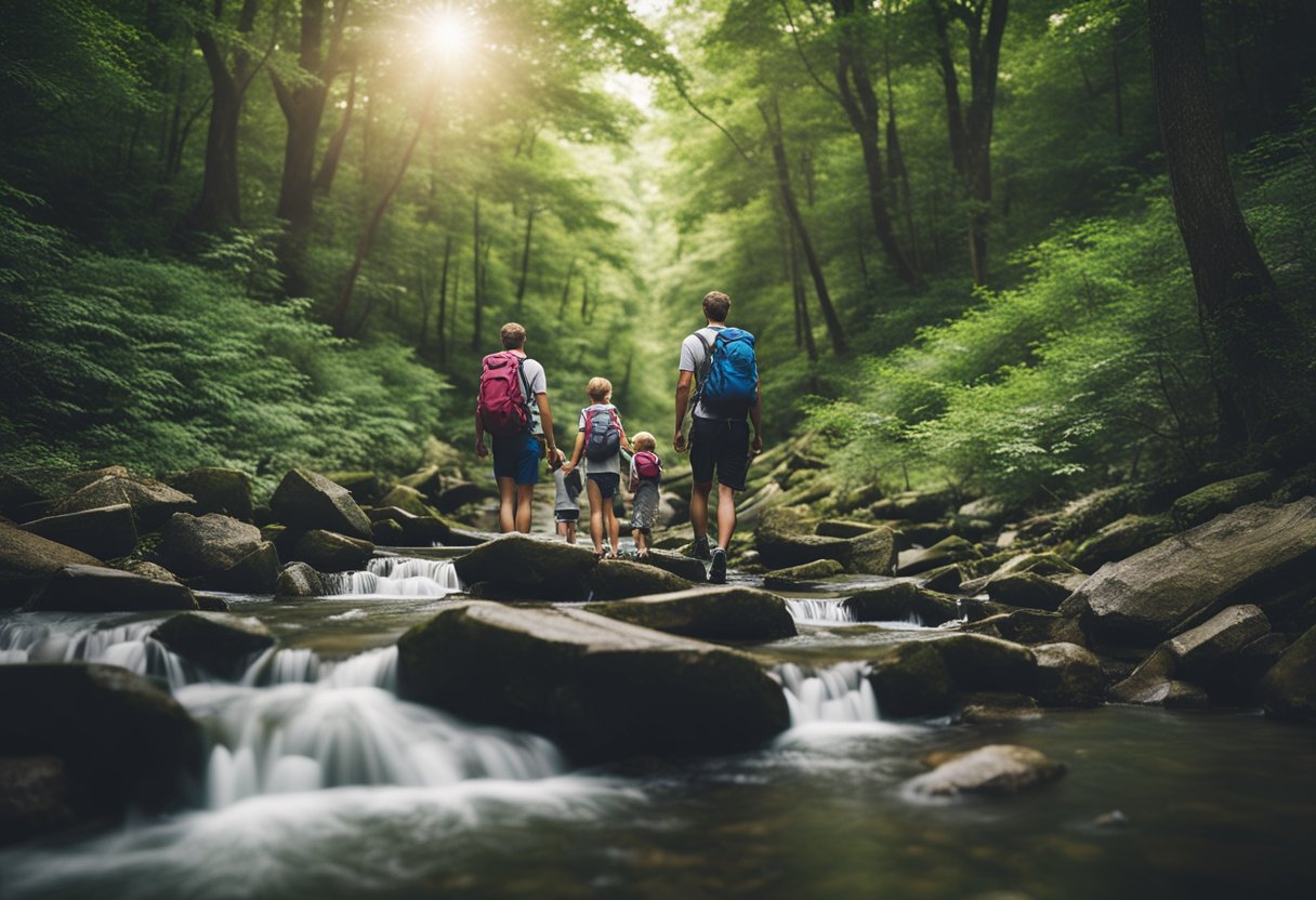 Families hiking through lush forests, crossing babbling streams, and discovering hidden waterfalls in the rolling hills of Missouri