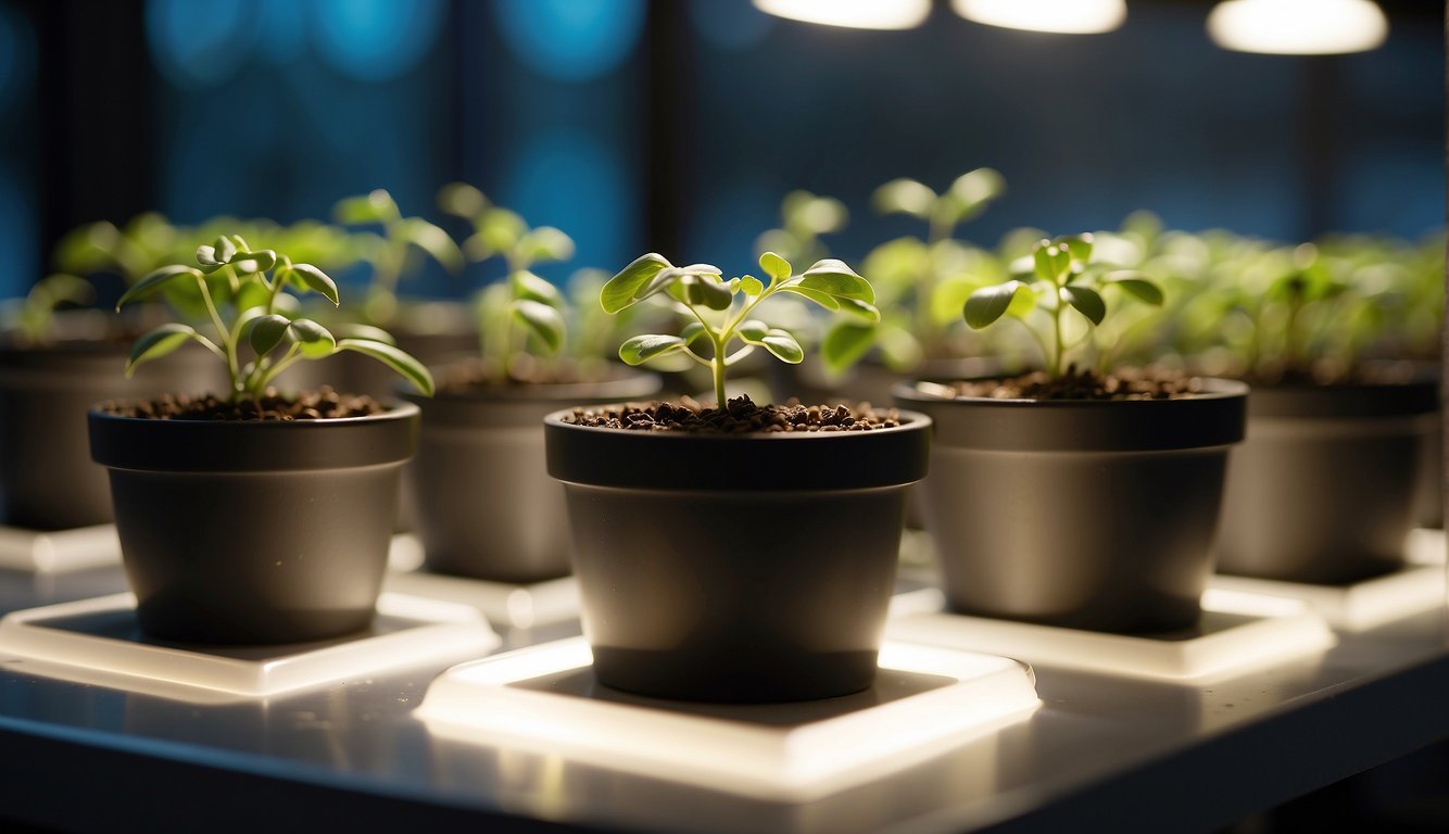 Seeds being planted in small pots indoors under grow lights during winter
