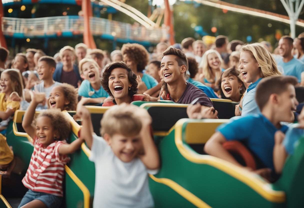 Excited families ride roller coasters, play carnival games, and enjoy live entertainment at a bustling theme park in Missouri