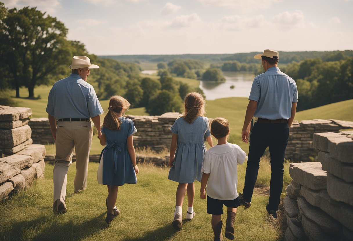 A family explores a historic site in Missouri, surrounded by cultural artifacts and landmarks. They engage in activities that celebrate the state's rich history and create lasting memories