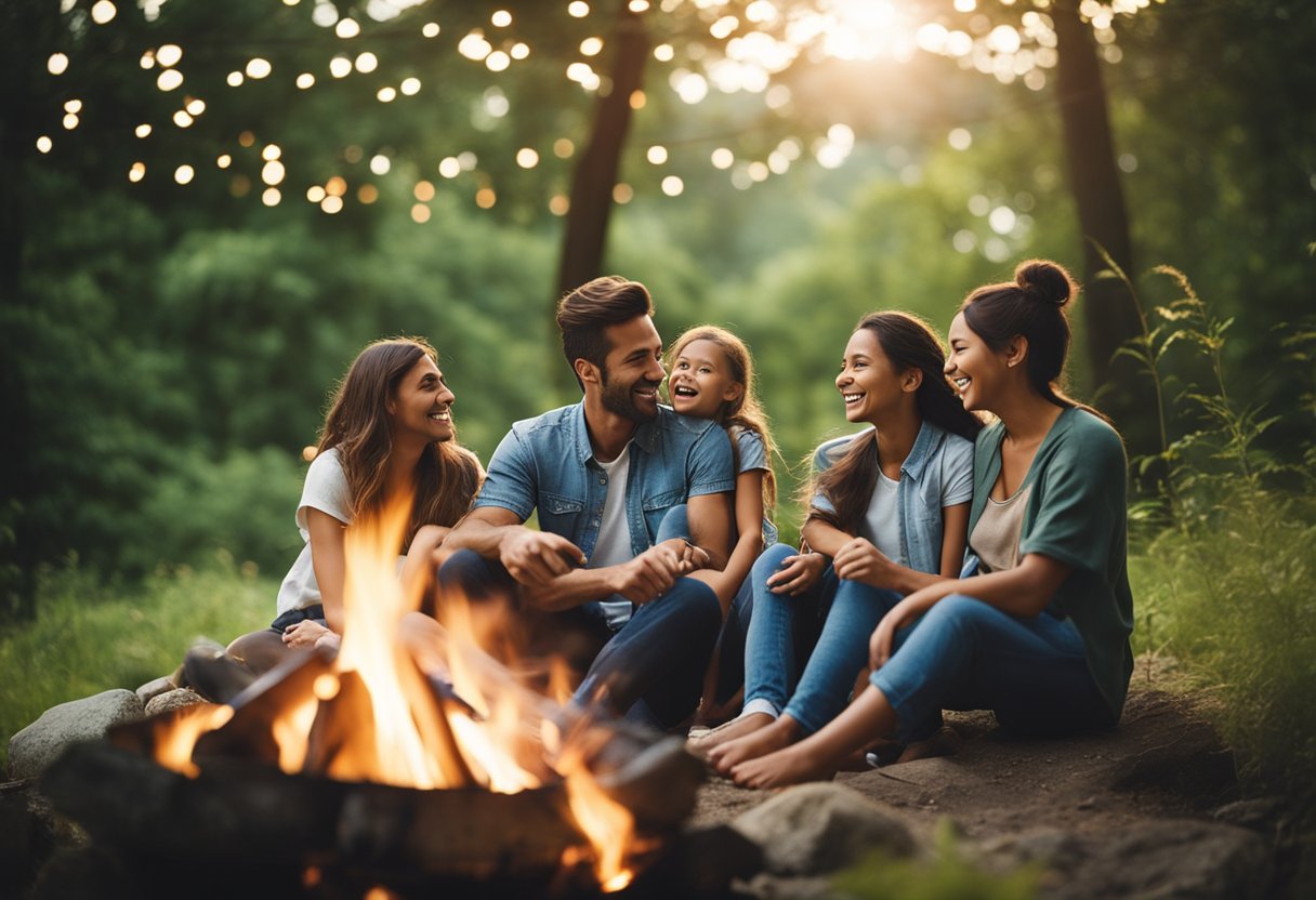 A family sits around a campfire, surrounded by lush greenery and the sound of nature. They are laughing and enjoying each other's company, creating memories that will last a lifetime