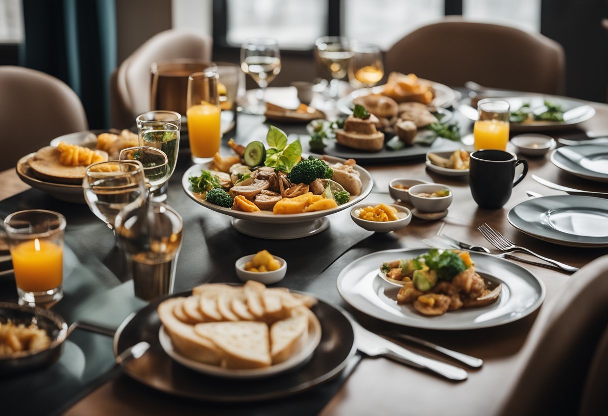 A table set with a colorful array of dishes and drinks, surrounded by chairs and a cozy atmosphere. A warm, inviting scene for a family dining experience