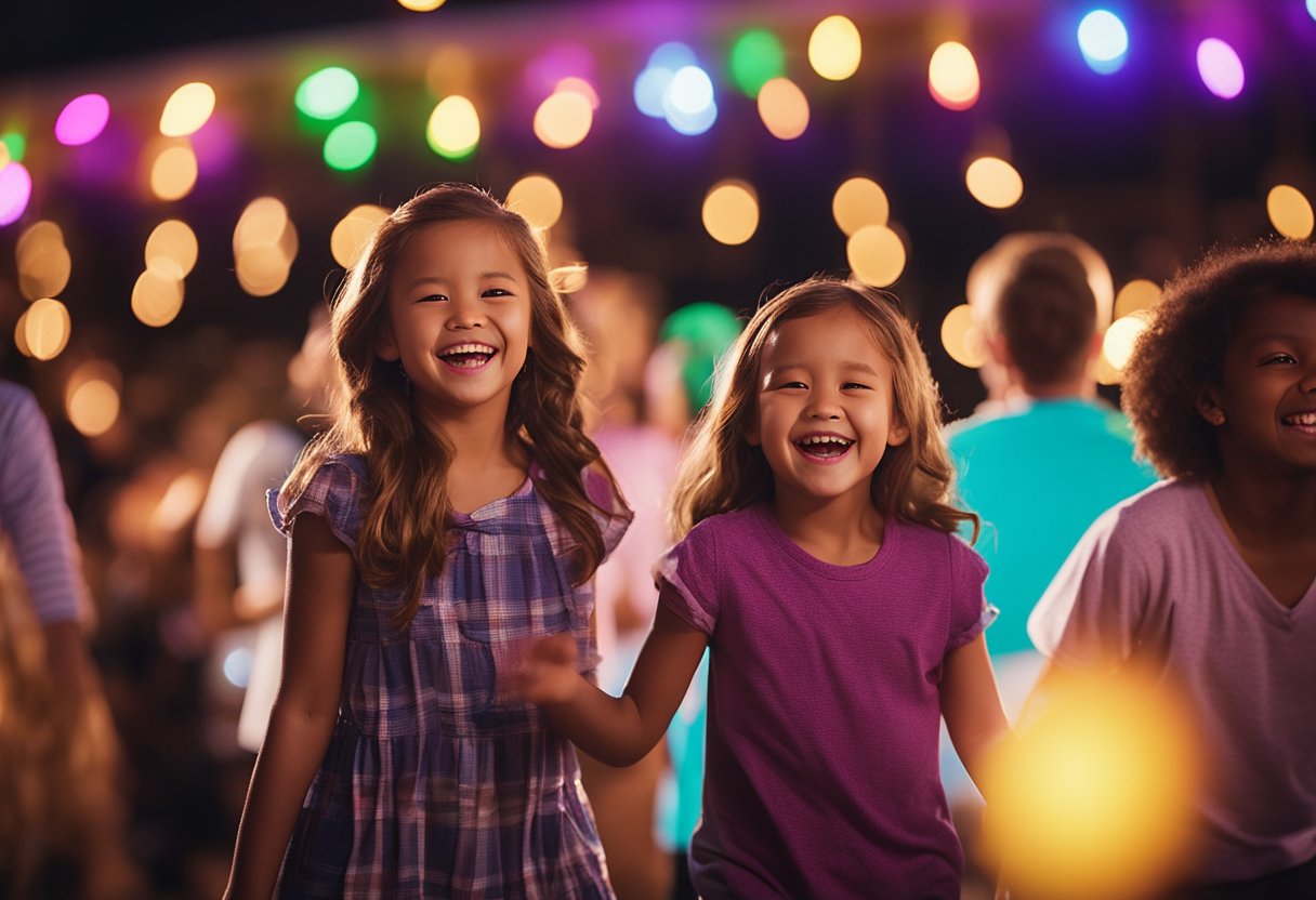 Families enjoy live music, games, and dancing under colorful lights at an outdoor spring break event in Missouri. Laughter fills the air as children participate in interactive activities, creating unforgettable memories