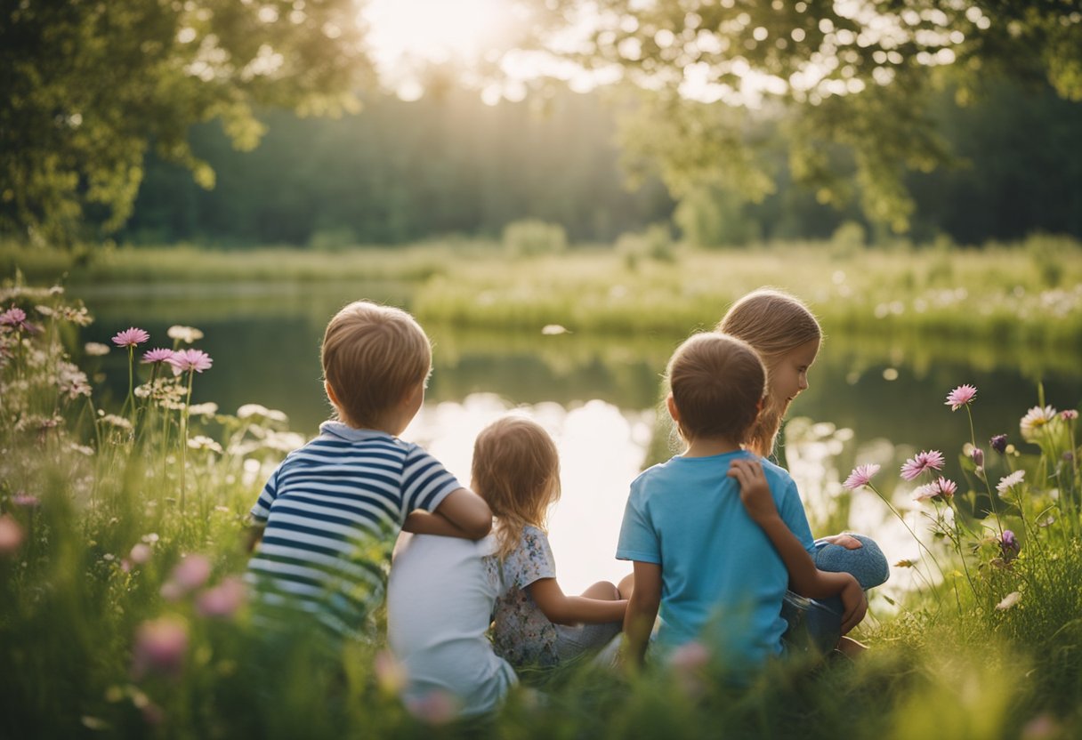 Kids explore a nature trail, spotting colorful wildflowers and wildlife. Families picnic by a tranquil lake, enjoying outdoor games and laughter