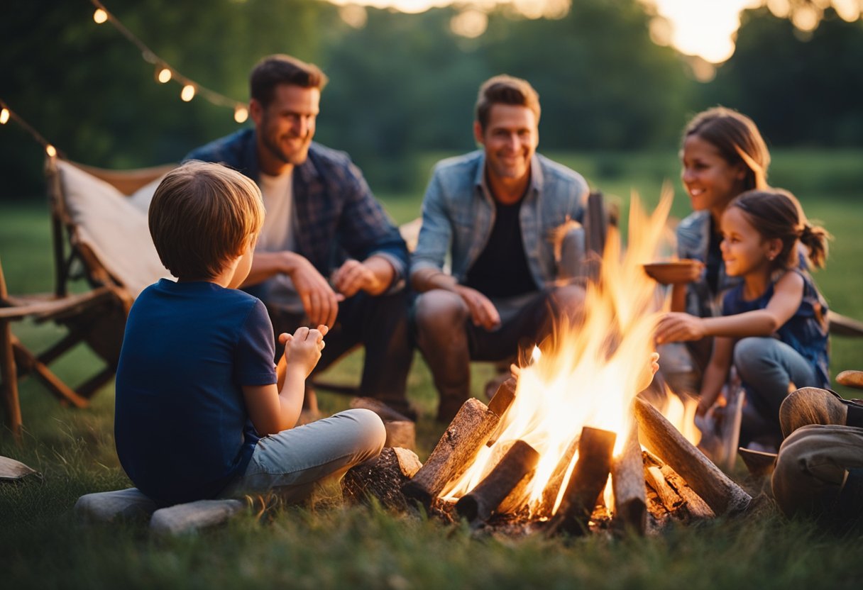 Families gather around a campfire, roasting marshmallows and sharing stories. Children play in the background, while parents relax in the serene Missouri spring evening