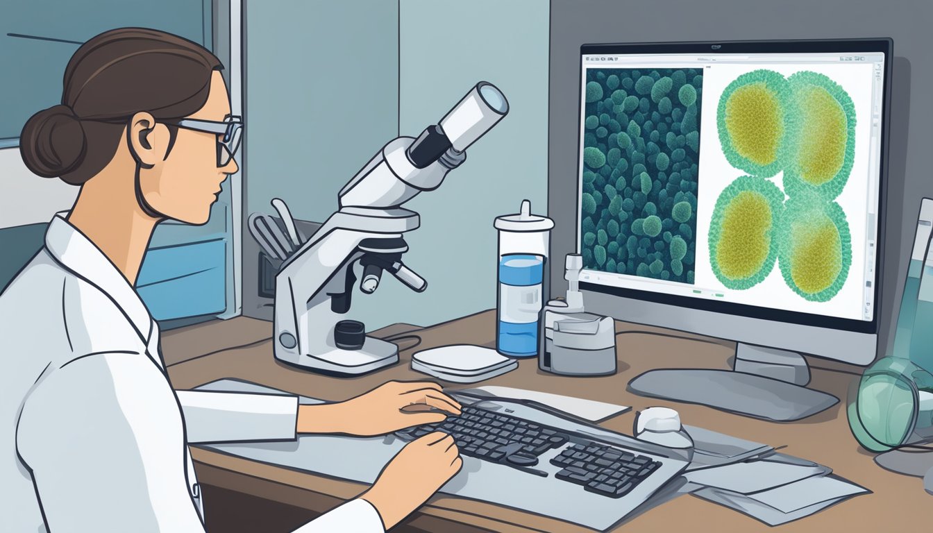 A doctor examines a microscope slide, identifying fungal spores. A patient's medical history is displayed on a computer screen