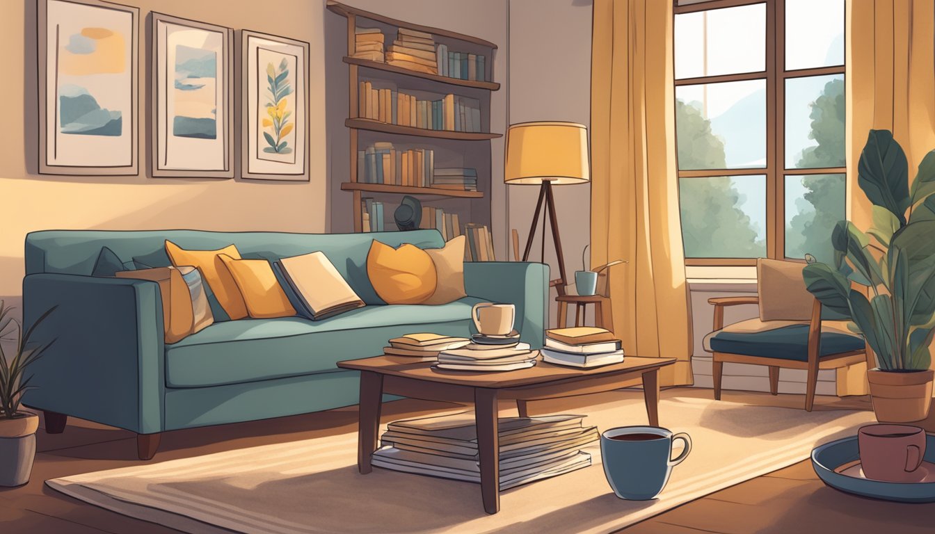 A cozy living room with a person's favorite books, a warm cup of tea, and a journal for writing down personal experiences and coping strategies