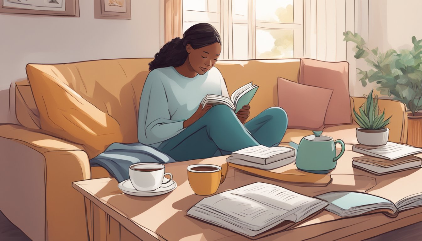 A cozy living room with a person reading a book on coping strategies for Aspergillosis. A warm cup of tea sits on the table next to them, and a soft blanket is draped over the back of the couch