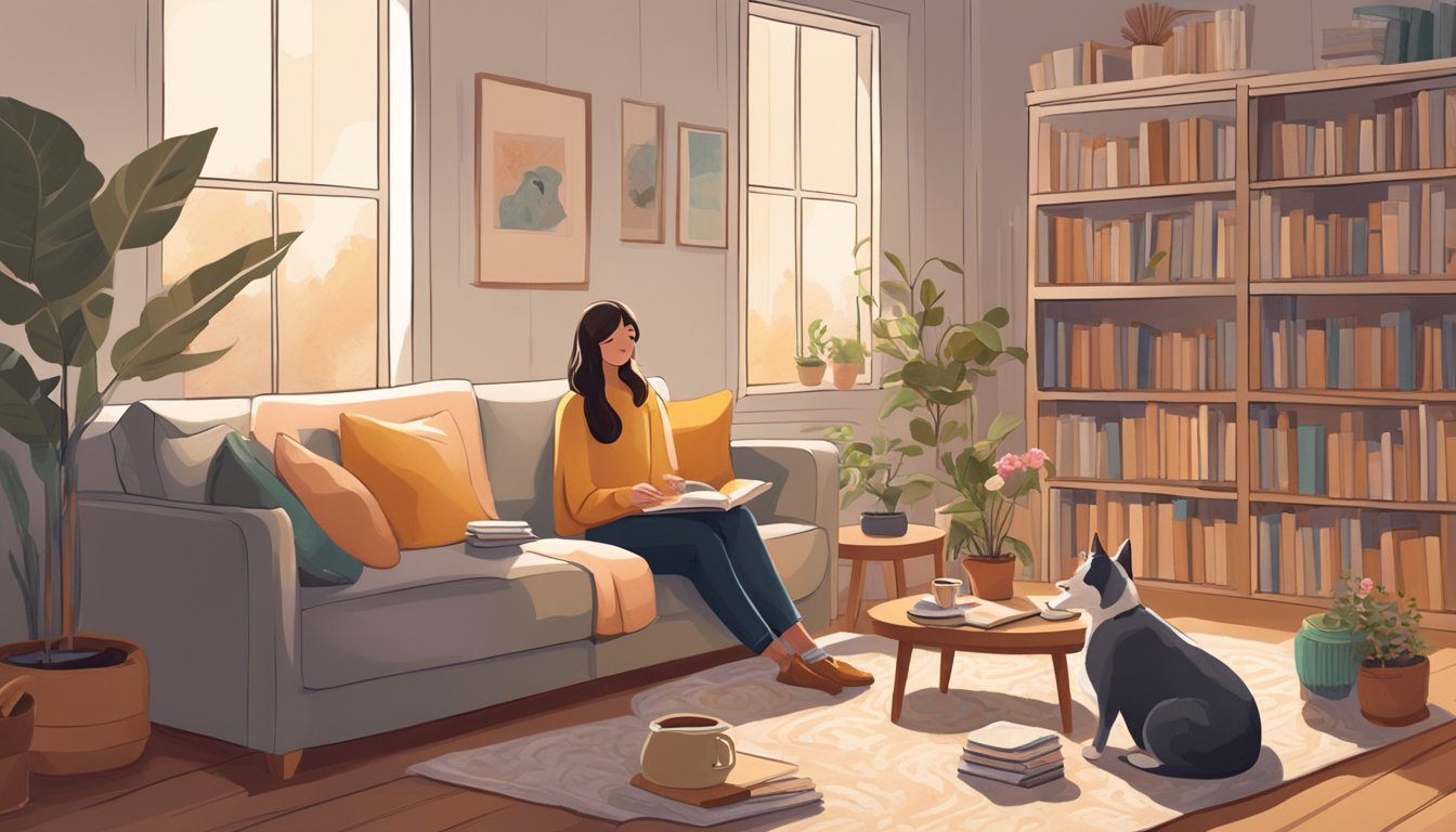 A person sits in a cozy living room, surrounded by books and comforting decor. They sip on a warm drink while engaging in a calming activity, such as knitting or painting. Their pet sits nearby, providing companionship and support