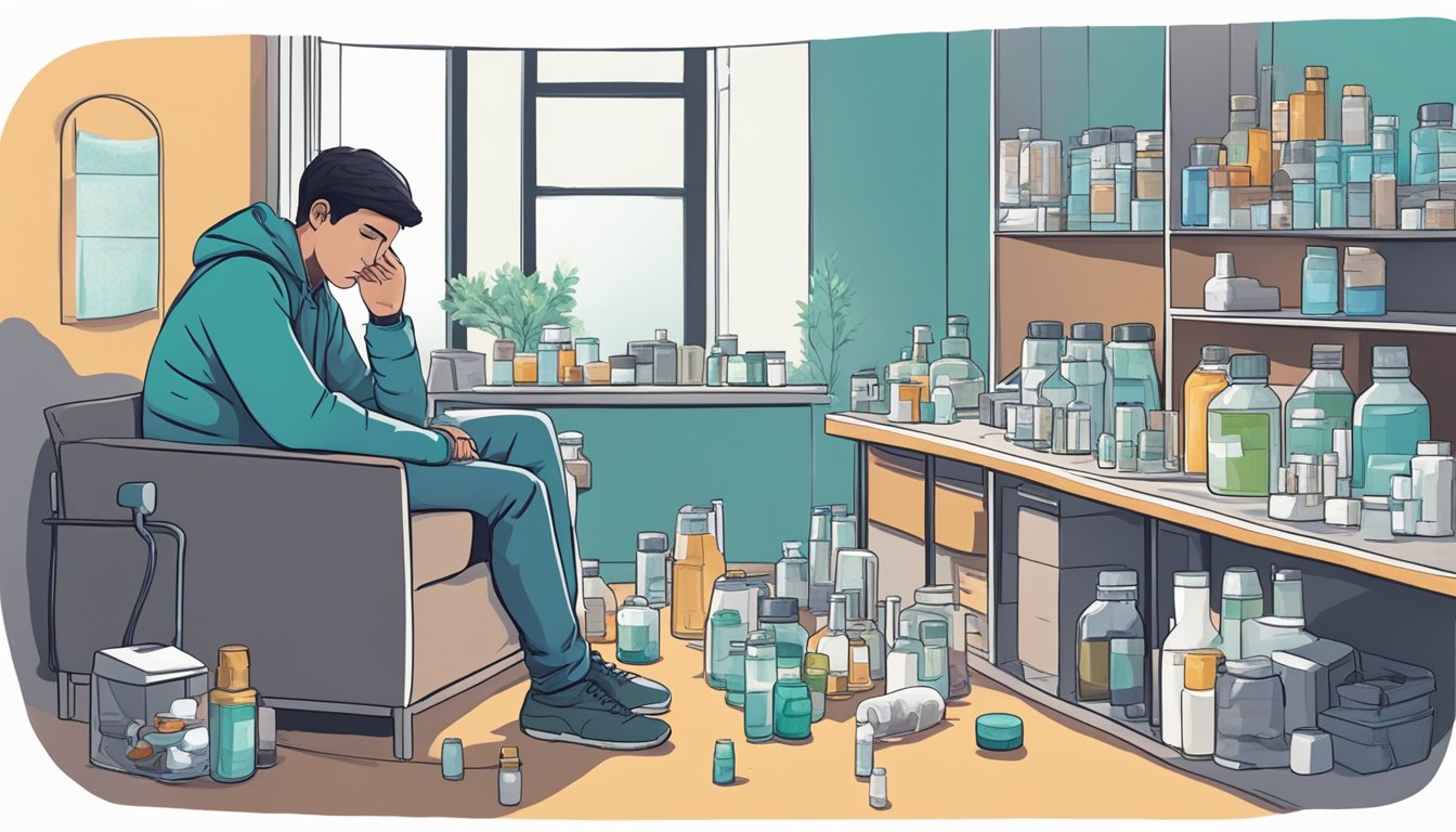 A person sits alone, surrounded by medical equipment and medication. Their expression is weary, reflecting the psychological impact of living with Aspergillosis