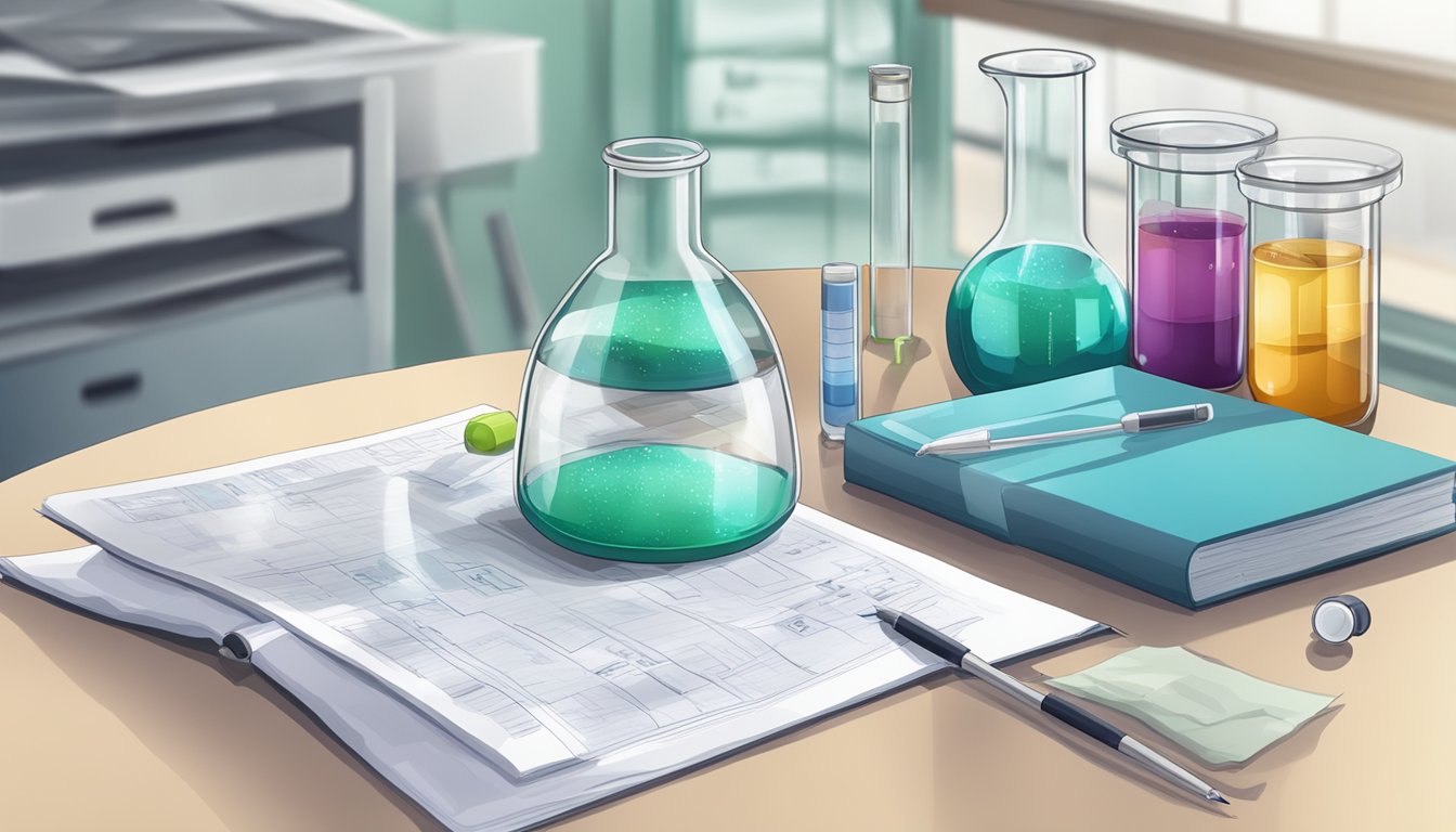 A laboratory table with scientific equipment and research papers on aspergillosis treatment
