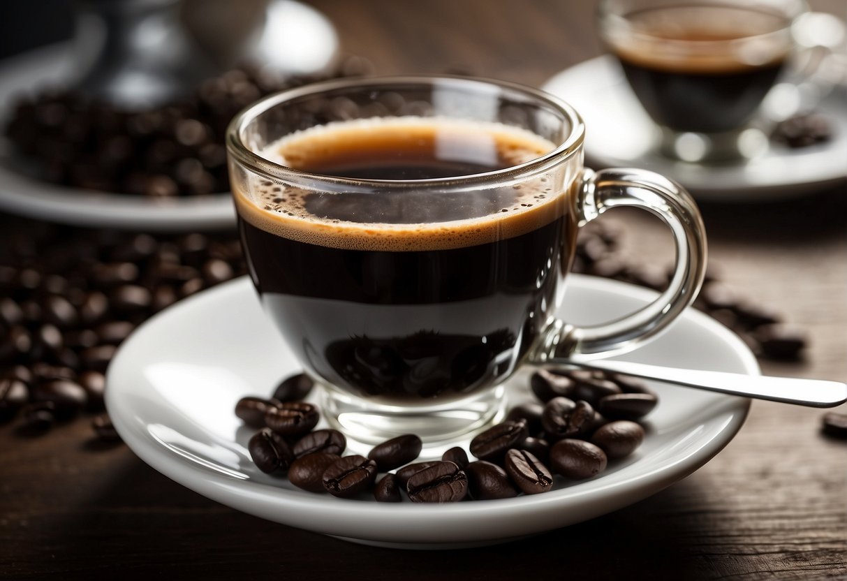 A clear glass mug filled with steaming black coffee sits on a white saucer, surrounded by coffee beans and a decorative spoon