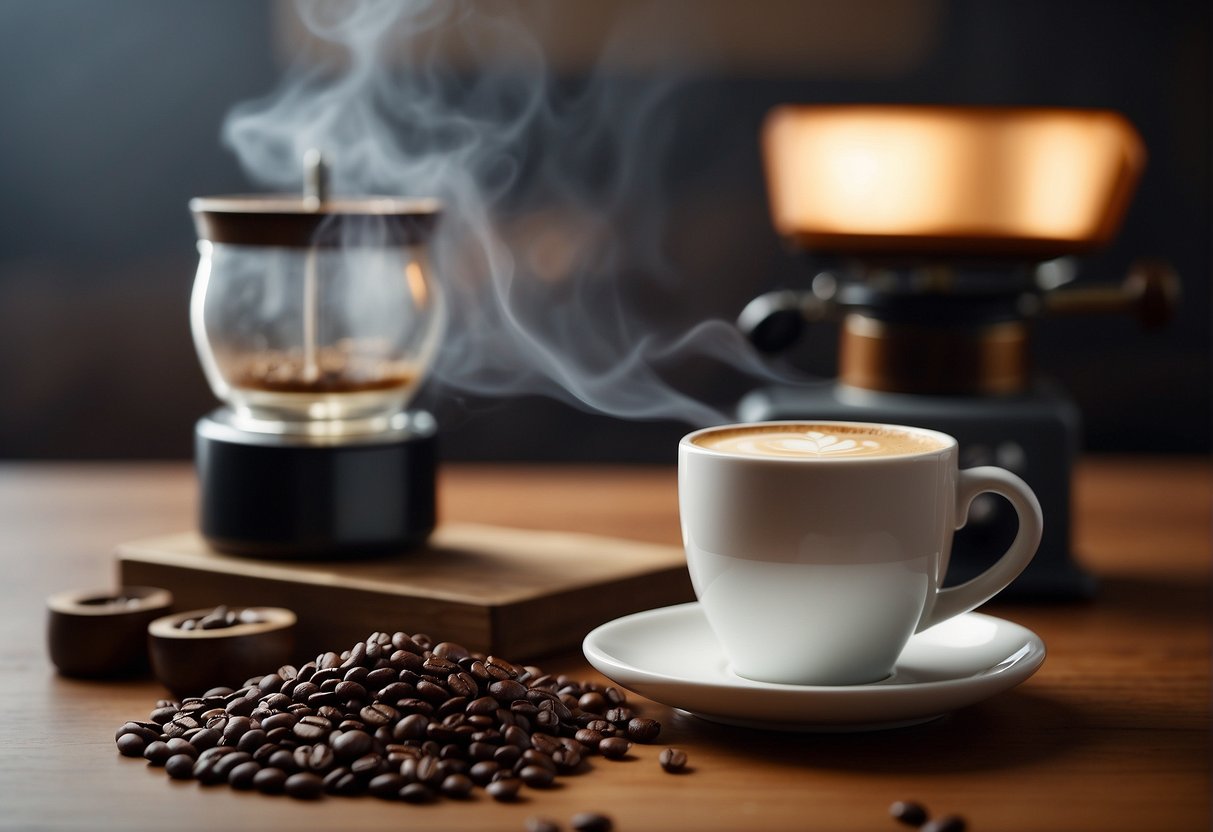 A cup of coffee sits on a table, steam rising from its surface. A bag of coffee beans and a grinder are nearby