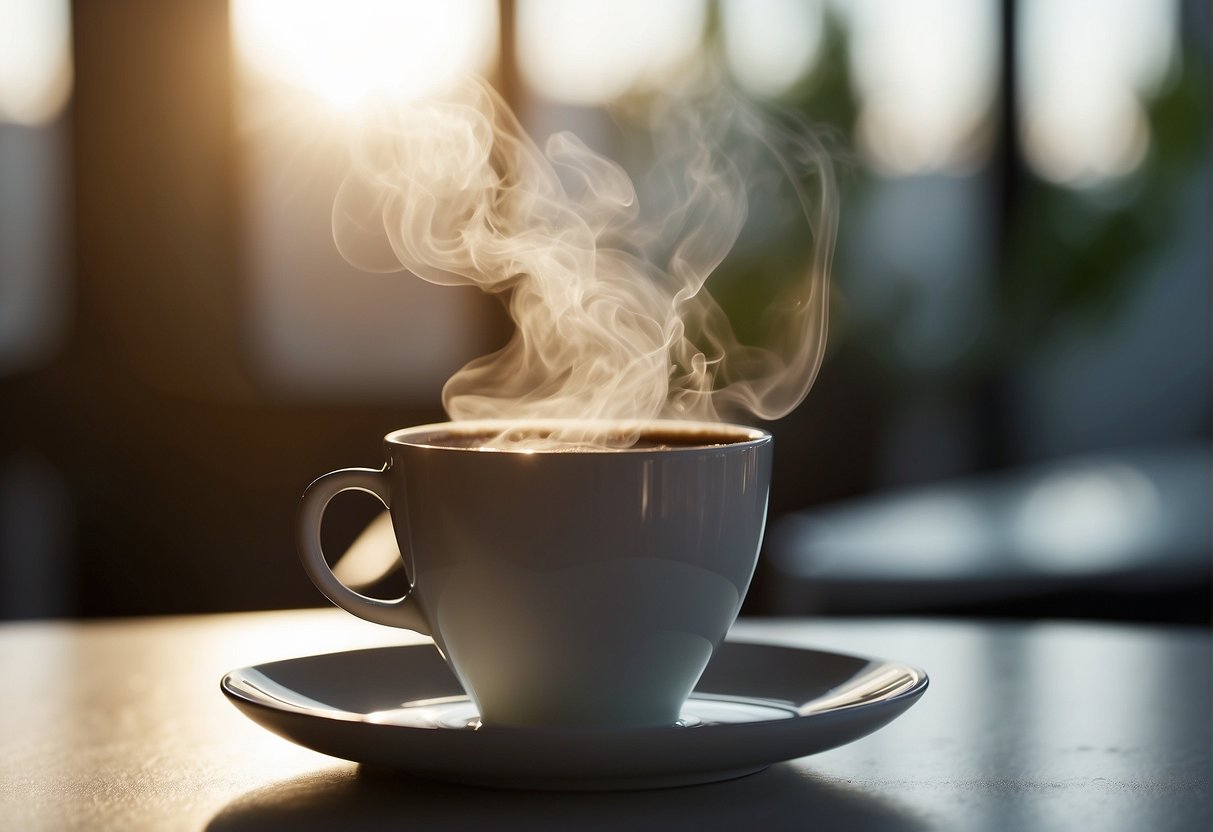 A steaming cup of black coffee sits on a clean white table, emitting a rich aroma, with wisps of steam rising from the surface