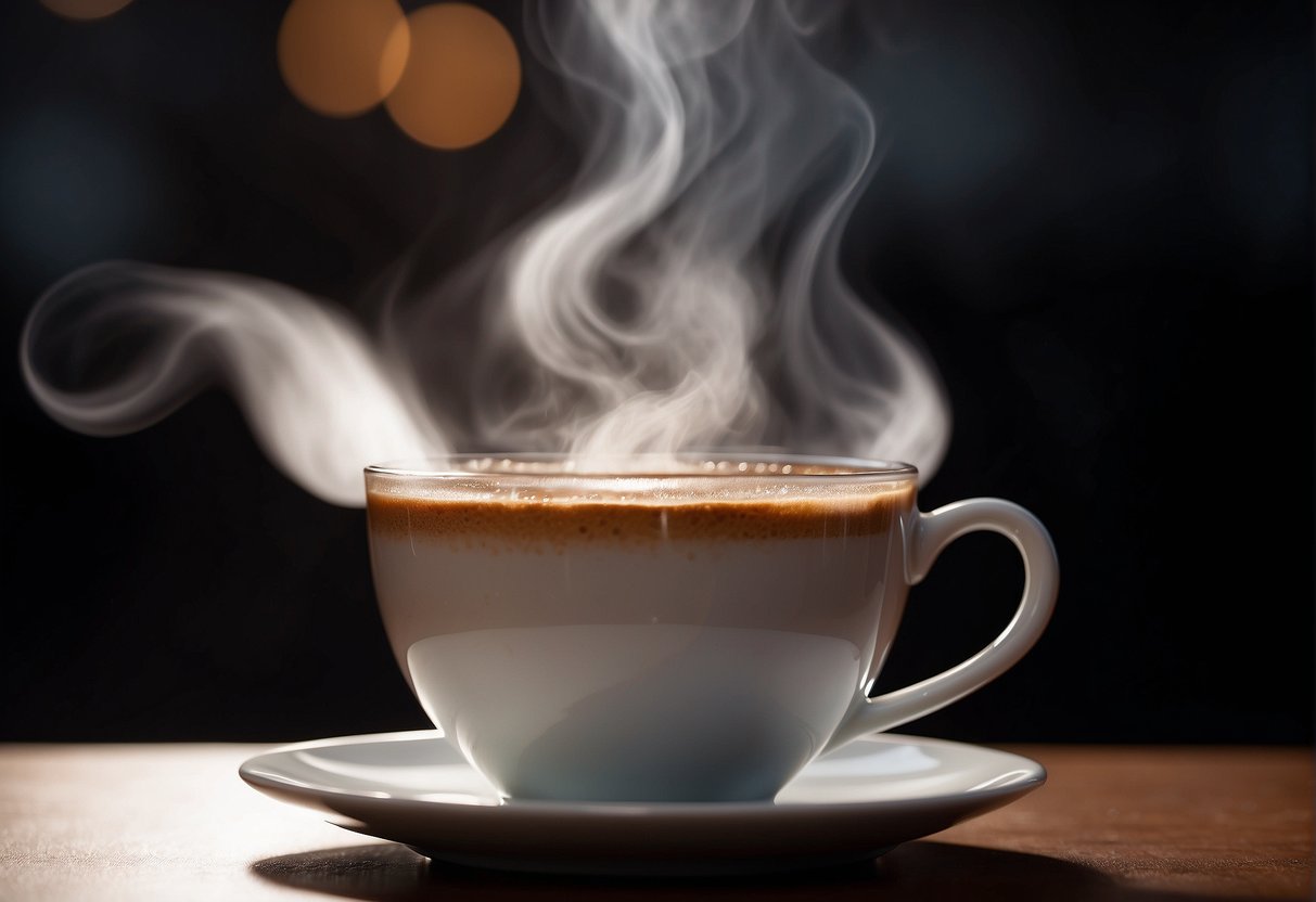 A steaming cup of coffee sits on a clean, white saucer, with wisps of steam rising from the dark liquid