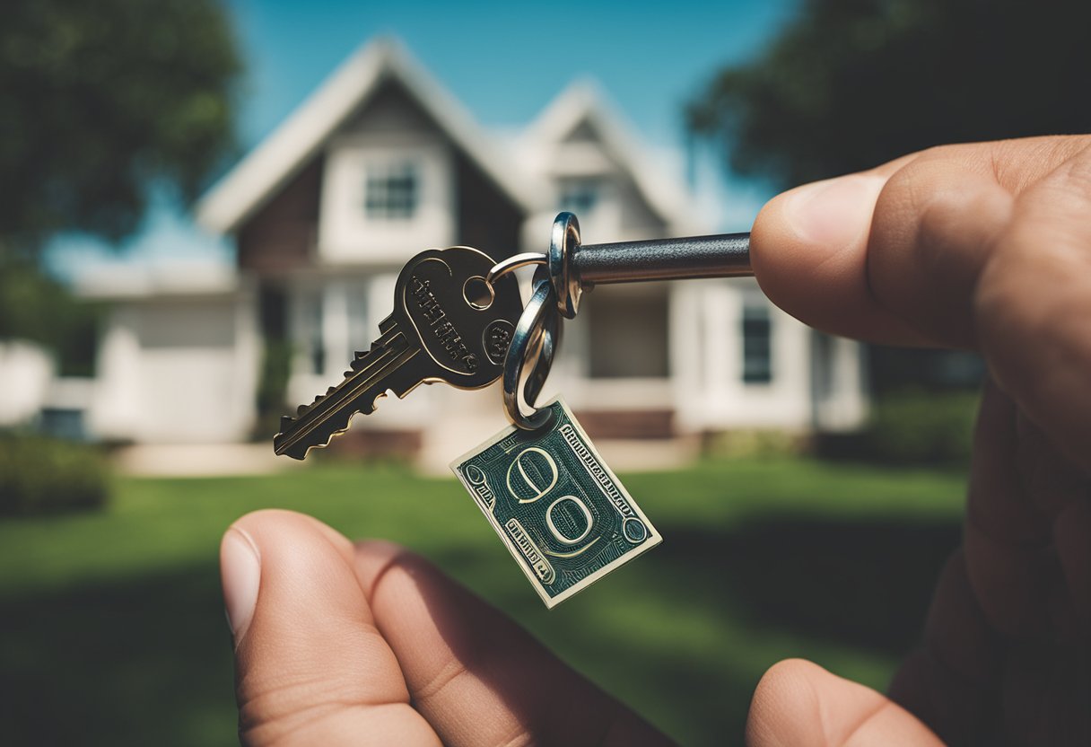 A hand holding a key, with a house and dollar sign in the background