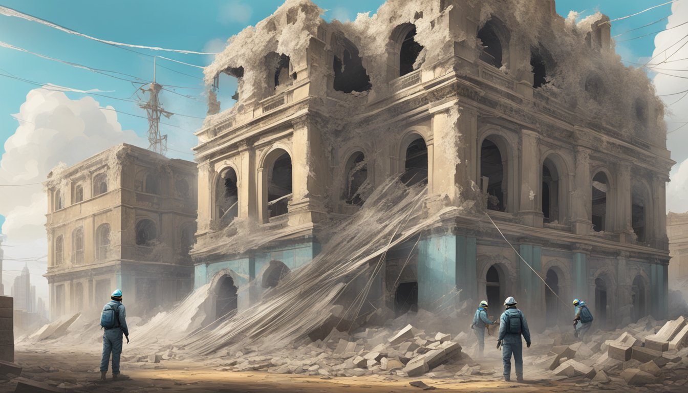 A crumbling ancient building with asbestos fibers floating in the air, surrounded by a modern city with warning signs and workers in protective gear