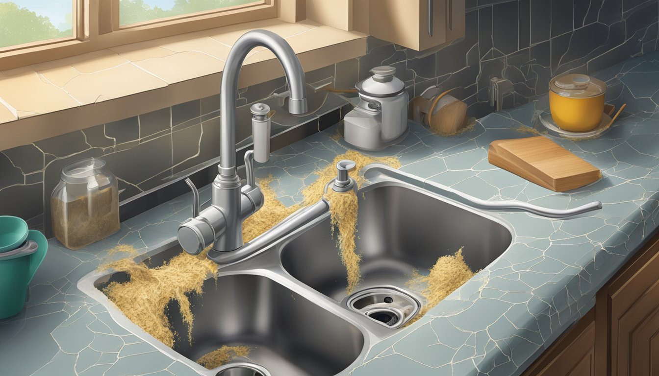A kitchen sink with a cracked and deteriorating asbestos-containing pipe, releasing tiny fibers into the air
