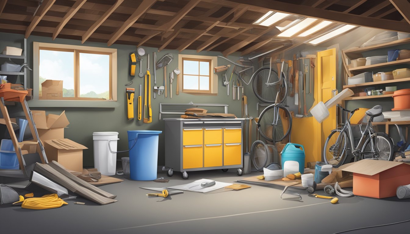 A cluttered garage with various household items such as insulation, flooring, and roofing materials. A warning sign and protective gear are visible, hinting at the presence of asbestos in everyday items
