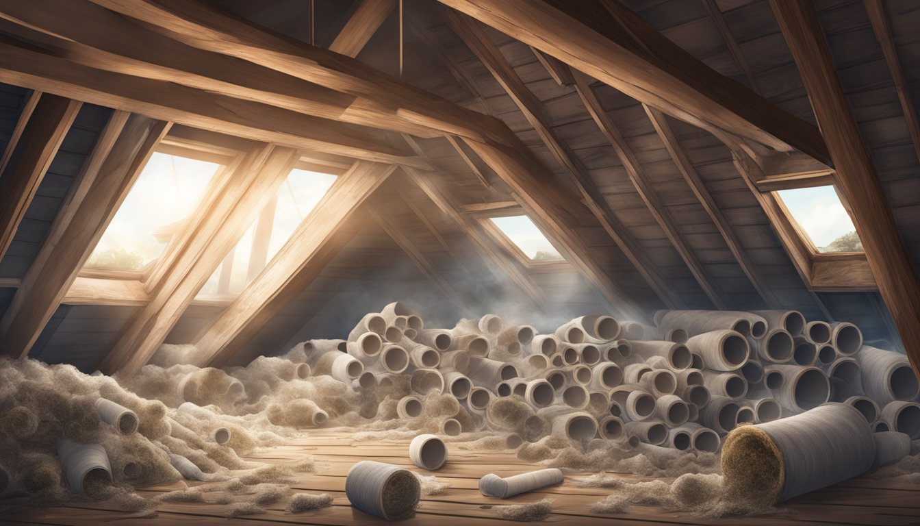 A dusty old attic filled with broken pipes and insulation, with asbestos fibers floating in the air, posing a health risk