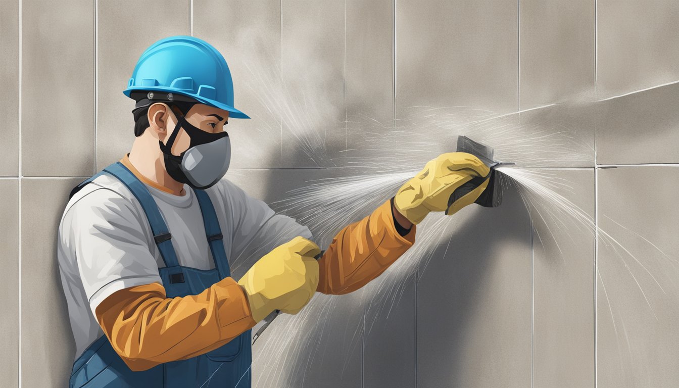 A construction worker cutting into a wall, releasing asbestos fibers into the air