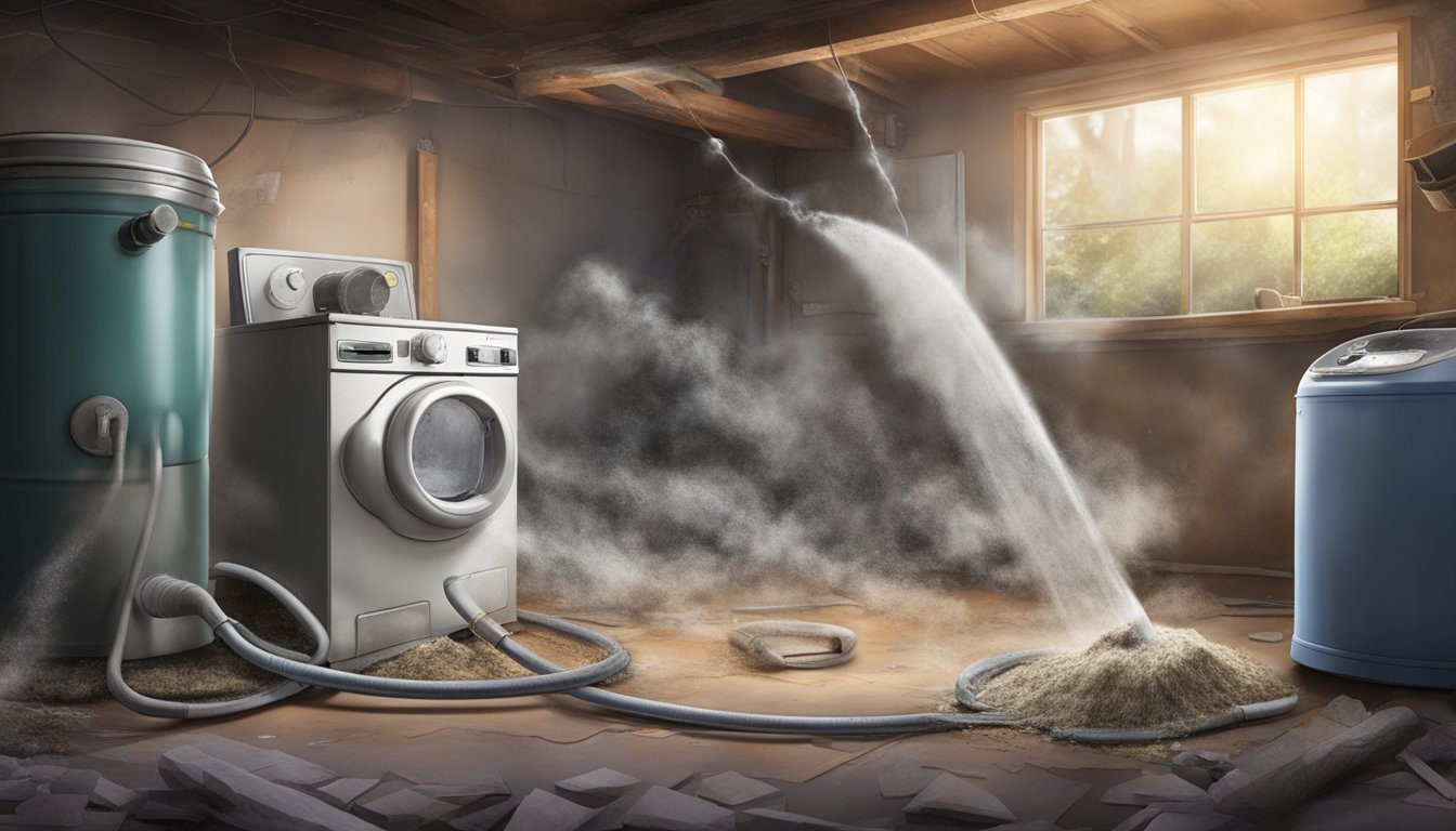 A broken pipe leaks asbestos into a cluttered basement, while a dusty old appliance releases asbestos fibers into the air