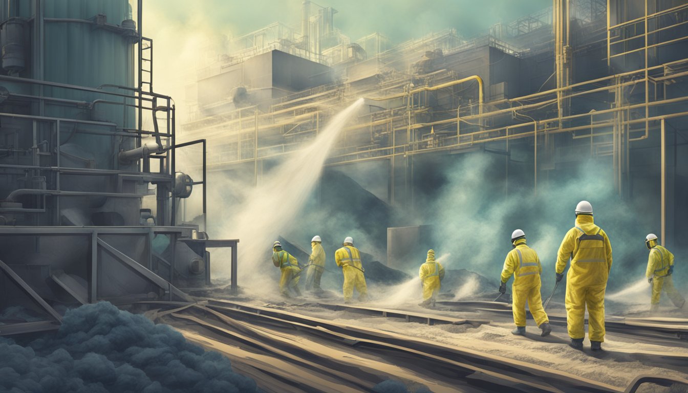 A factory emitting asbestos fibers into the air while workers in protective gear handle the toxic material