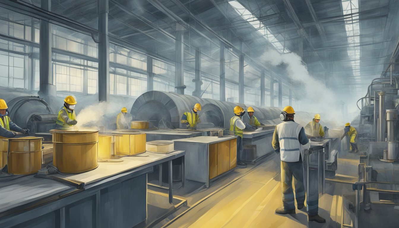 A factory emitting smoke while workers handle asbestos, contrasting with modern equipment in a developed country
