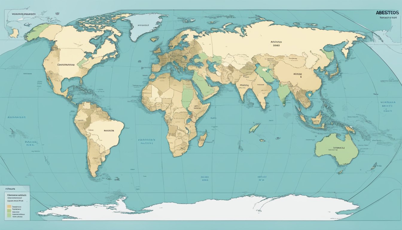 A world map divided into two sections: one showing countries still using asbestos, the other showing reasons for the challenges in achieving a global ban