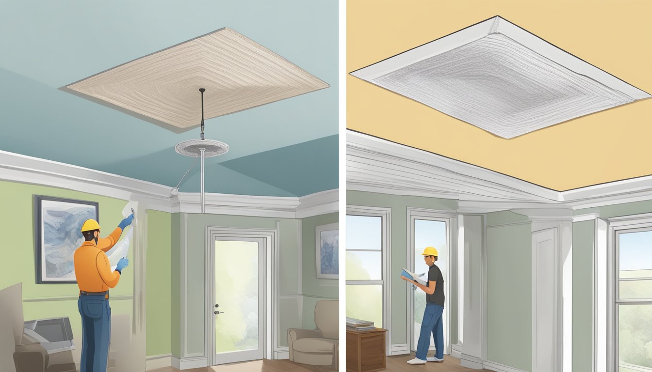 A ceiling with textured Artex finish, a sample being tested for asbestos, and a homeowner consulting a guidebook on identification and action