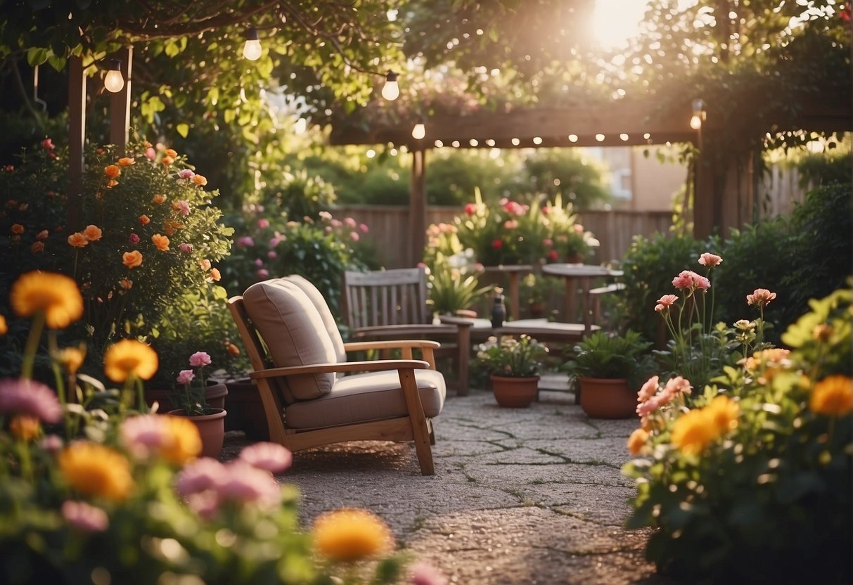 A peaceful garden with colorful flowers and winding paths, surrounded by a secure fence. A cozy living room filled with comfortable chairs and soft lighting