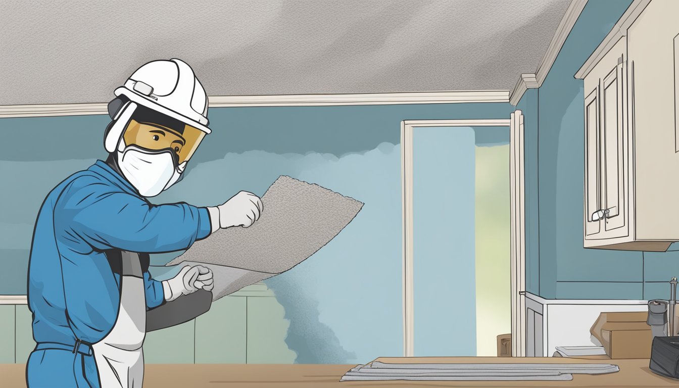 A homeowner wearing protective gear carefully removes textured Artex ceiling material, revealing potential asbestos. A guidebook sits nearby, open to a section on identification and management