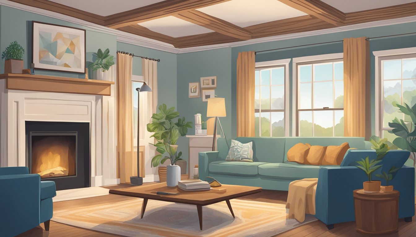 A cozy living room with a textured Artex ceiling. A homeowner carefully inspects the ceiling for signs of asbestos, while a guidebook on prevention and protection lies open on the coffee table