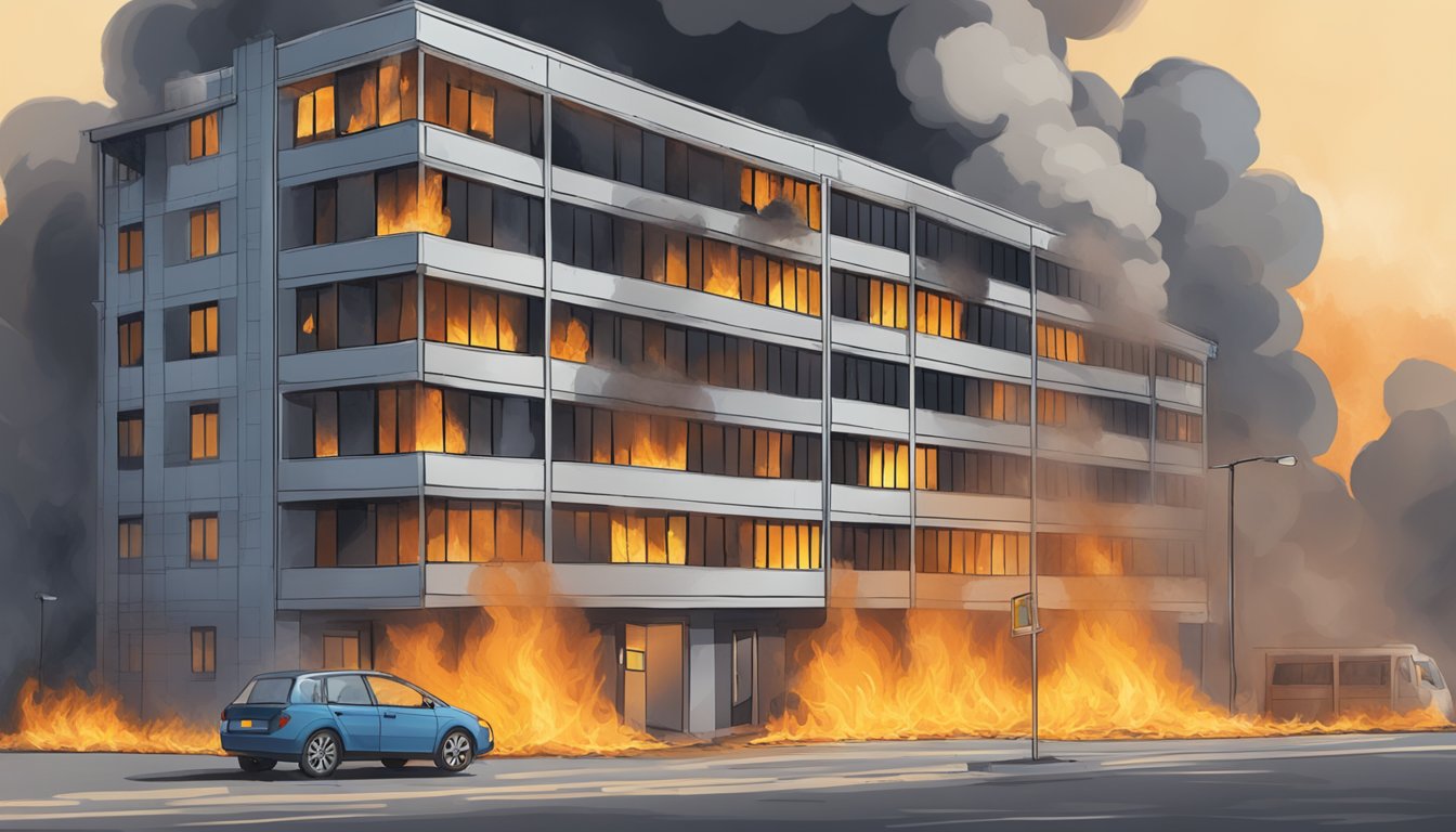 A building engulfed in flames, with asbestos materials visible, illustrating the risks of asbestos in fire safety