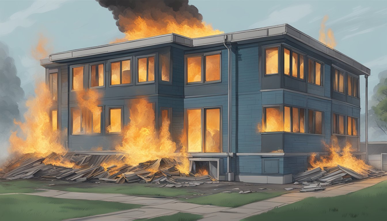 A building engulfed in flames with asbestos materials present, illustrating the potential health risks associated with asbestos exposure in a fire