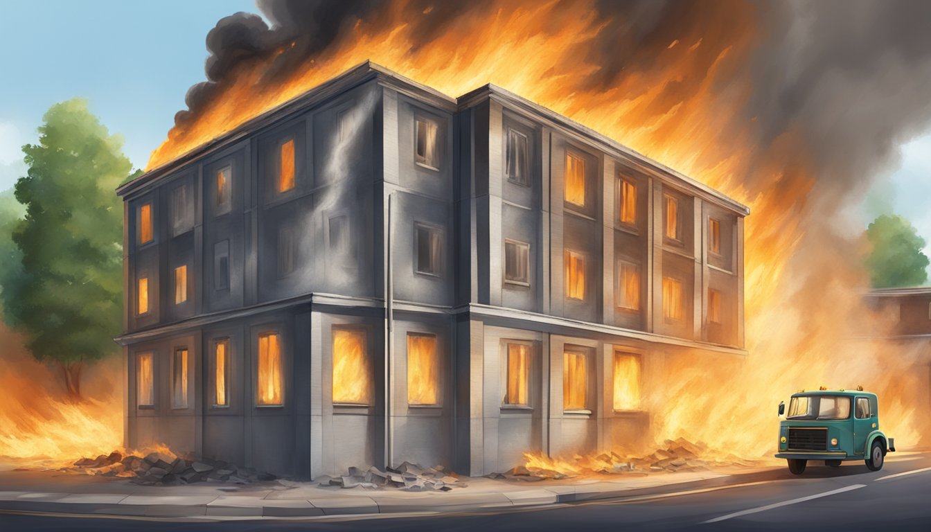 A building engulfed in flames with asbestos materials present, illustrating the danger and risks of asbestos in fire safety