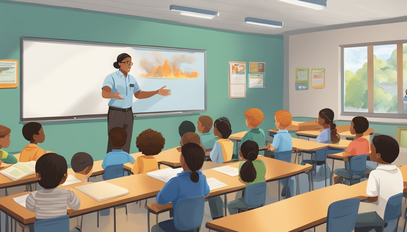 A classroom setting with a teacher presenting information on asbestos and fire safety to a group of attentive students. Visual aids and educational materials are displayed around the room