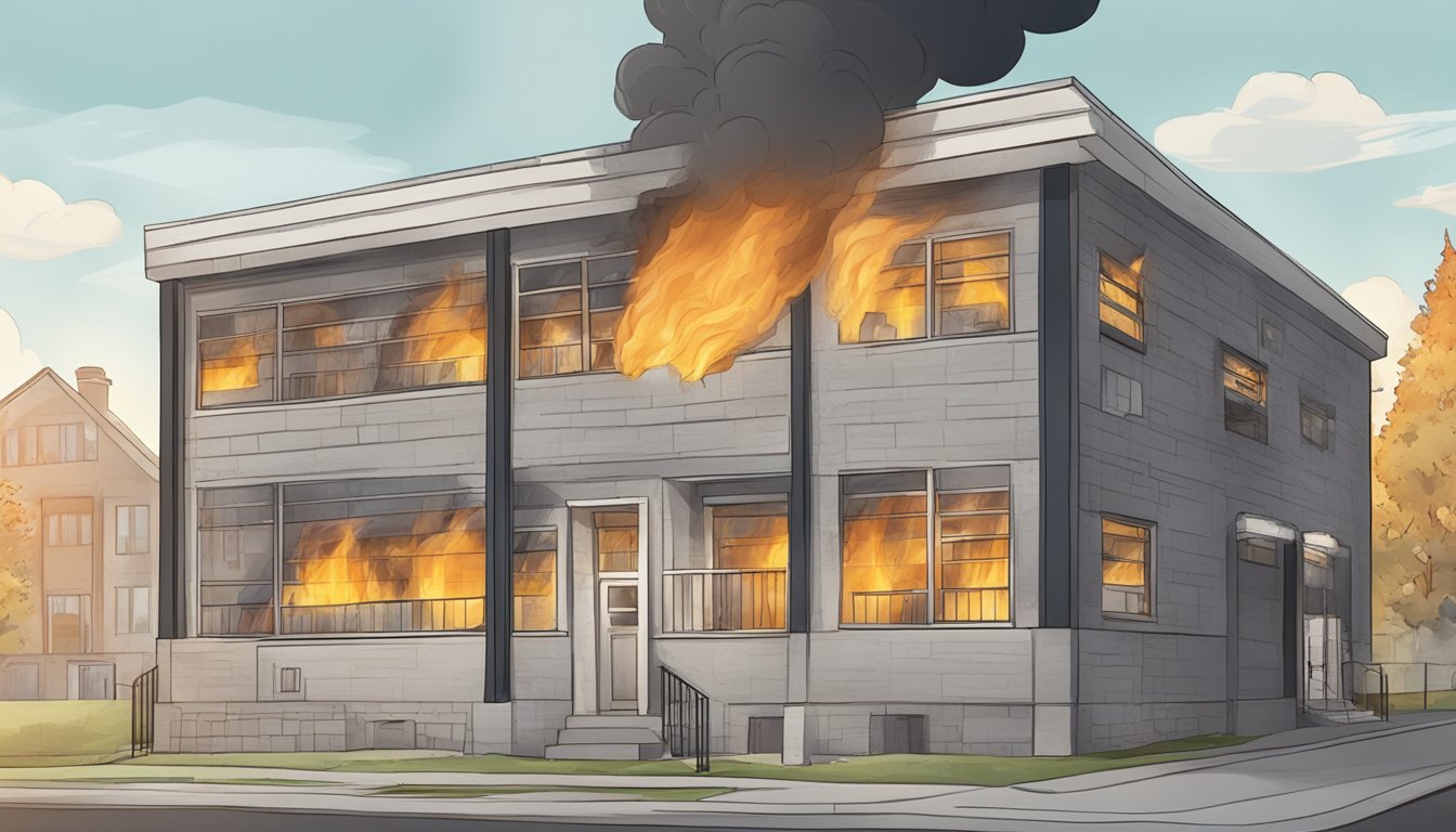 A burning building with asbestos materials, labeled "Frequently Asked Questions Asbestos and Fire Safety: Understanding Its Role and Risks" displayed prominently