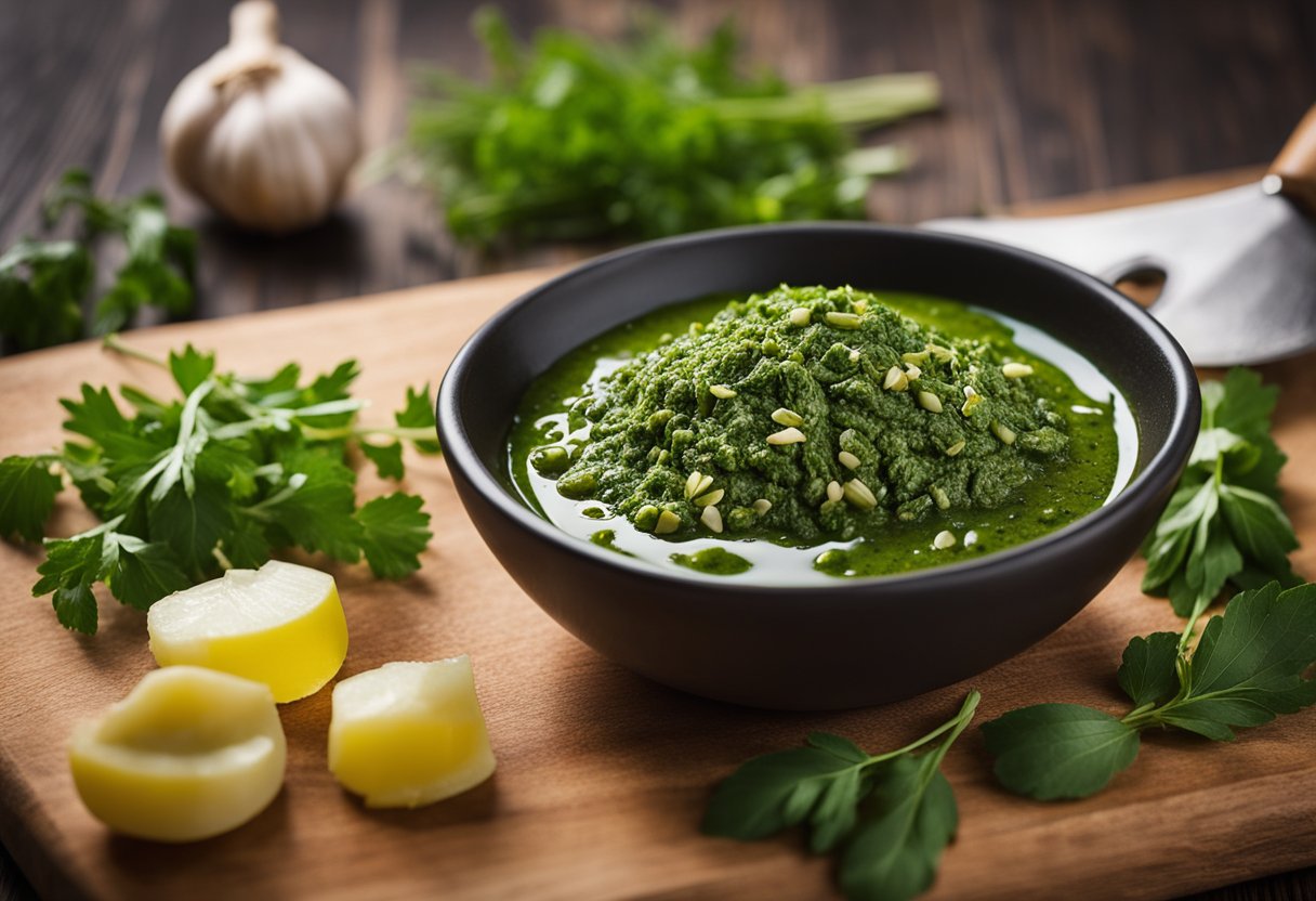 Fresh herbs and garlic are being chopped on a wooden cutting board. A stream of olive oil is being poured into a bowl of vibrant green chimichurri sauce