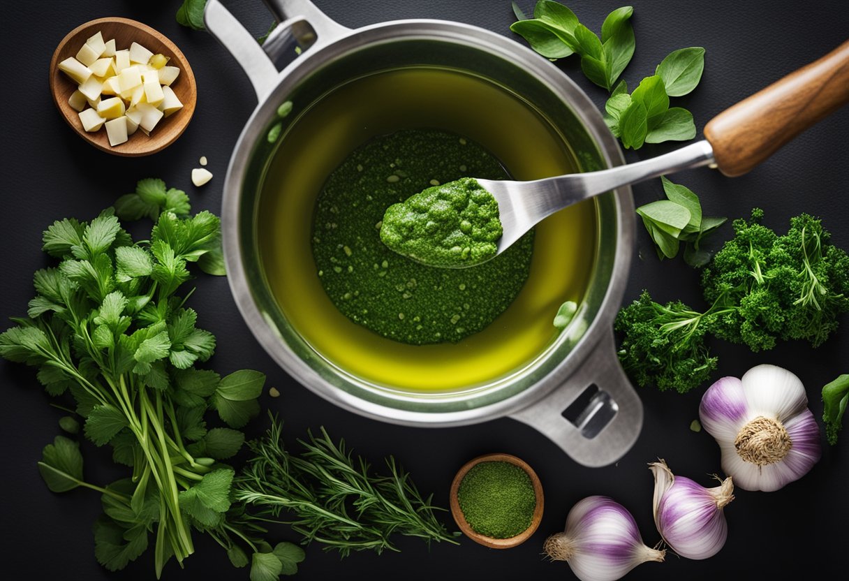 Fresh herbs and garlic are being chopped and mixed with olive oil and vinegar in a mortar and pestle to create a vibrant green Chimichurri sauce